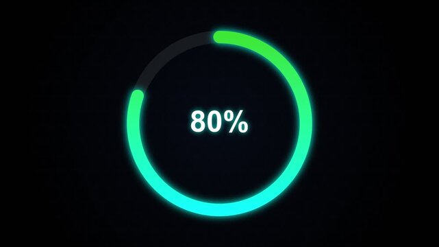 Dynamic circular progress indicator showing completion of one hundred, featuring green and cyan digital interface elements that glow for loading or status updates.