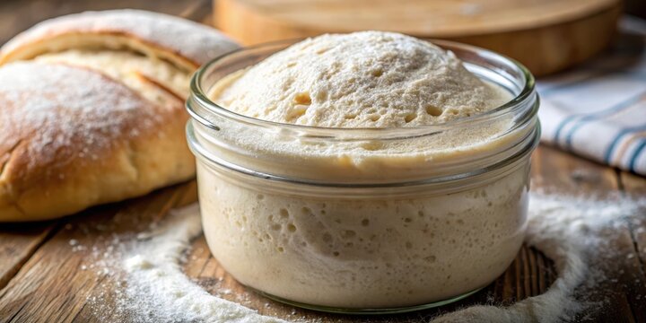Close-up of bubbly sourdough bread dough starter, artisanal, culinary detail,  artisanal, culinary detail, crusty