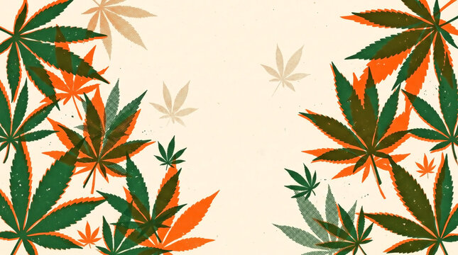 Risograph print illustration of overlapping cannabis leaves with center copy space on warm cream paper background, 420 culture