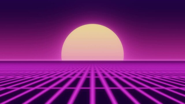 Retro synthwave neon grid moving toward a striped sunset sun with purple sky and stars, eighties outrun background, seamless loop