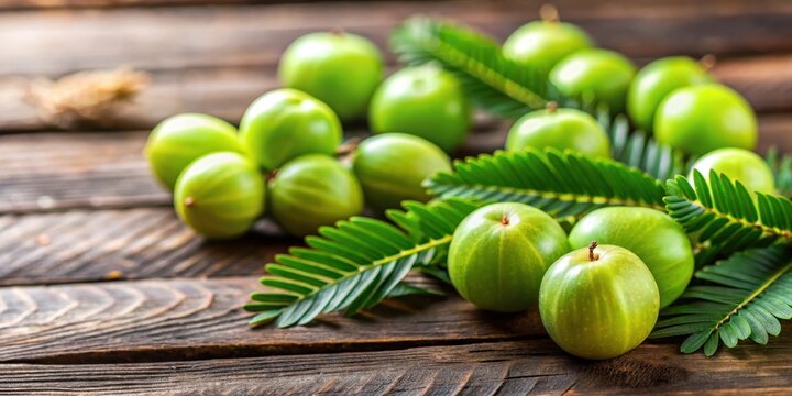 Fresh amla fruit with leaves on a wooden background, showcasing its vibrant green color and juicy pulp, tropical, healthy