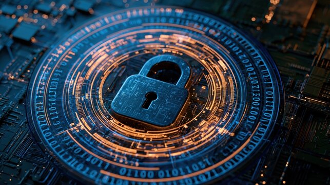 A digital lock with a keyhole in the center, surrounded by a circular pattern of binary code and circuitry, set against a dark background with a glowing effect.