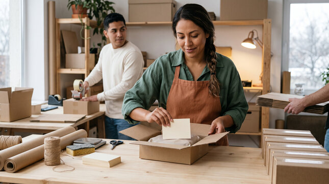 Woman adding a blank card to a cardboard parcel