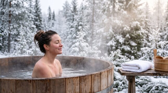 Woman soaking up to her shoulders in a wooden cold plunge tub surrounded by snowy pine forest with rising steam