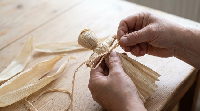 Hands tying dried husks to make a traditional corn husk doll