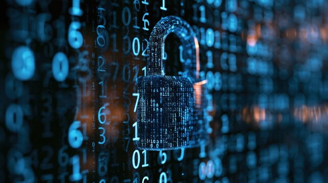 A digital lock icon with binary code and a padlock symbol on a blue and black digital background.