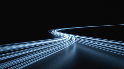 Fototapeta na wymiar Dynamic curving blue light trails on dark background for data speed