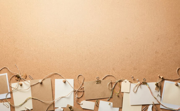 Craft paper background with tags and twine for handmade design and creative projects
