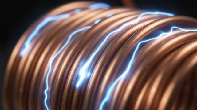 Industrial macro video glowing electric spark arc moves across shiny copper wire coil generating high voltage electrical discharge energy spiral metal connection tech background powerful power vibe