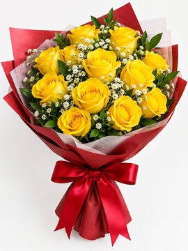 Yellow rose bouquet wrapped with red Satin Ribbon 🎀 &hearts;️