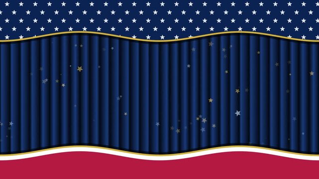 American patriotic background with wavy red border, starry top banner, and navy curtain with falling stars. Seamless motion loop ideal for US election, gala, and national holiday videos.