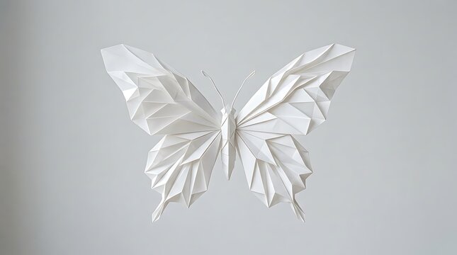 White origami butterfly sculpture with geometric folded paper wings