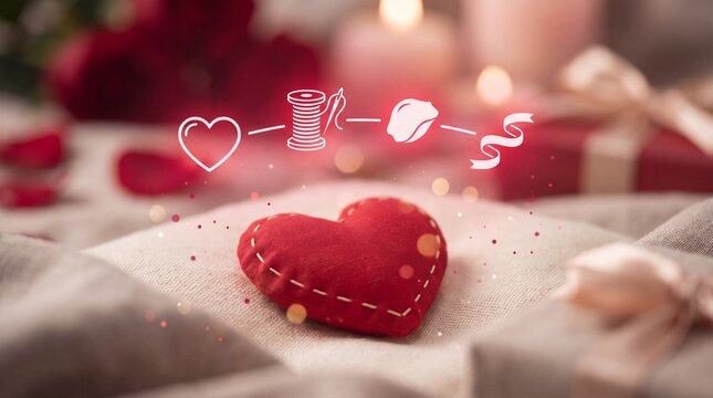 Valentine's Day Stitched red fabric heart placed on a soft cloth with decorative icons with surface surrounded blurred stitching rests textured