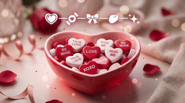 Valentine's Day Heart shaped bowl filled with red with romantic text messages candy hearts romantic rests table decorated