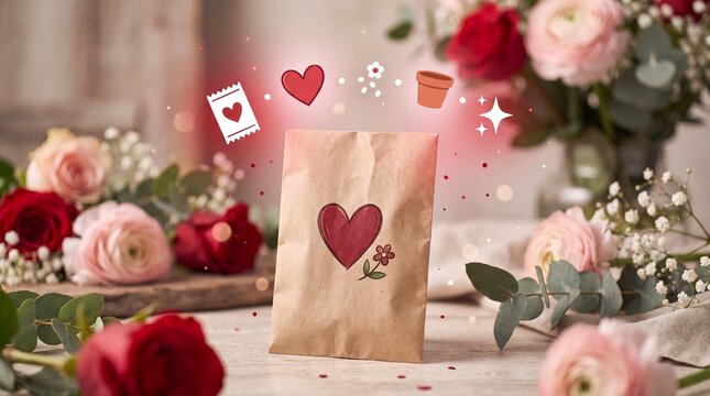 Valentine's Day Paper envelope with a heart drawing surrounded by fresh roses and floral decorations on a table with wooden surface surrounded