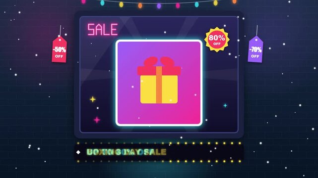 Animated yellow gift box icon on a digital neon screen with discount tags and holiday lights representing winter sale and shopping promotion