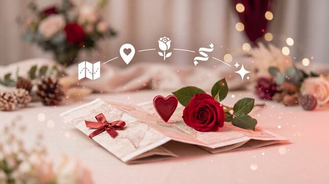 Valentine's Day Red rose and heart shape on a folded travel map with white romantic icons on a table with representing travel romance