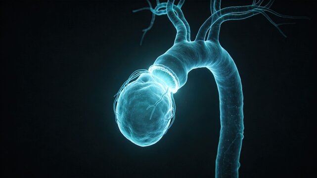 Thoracic aortic aneurysm enlarged aorta glowing dark medical illustration