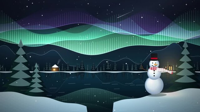 Animated flat vector illustration of a snowman holding a lantern by a frozen lake under a bright aurora borealis sky for winter holiday background
