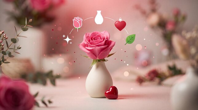 Valentine's Day Pink rose in a white ceramic vase with floating decorative icons on a soft blurred table with figurine surface floating