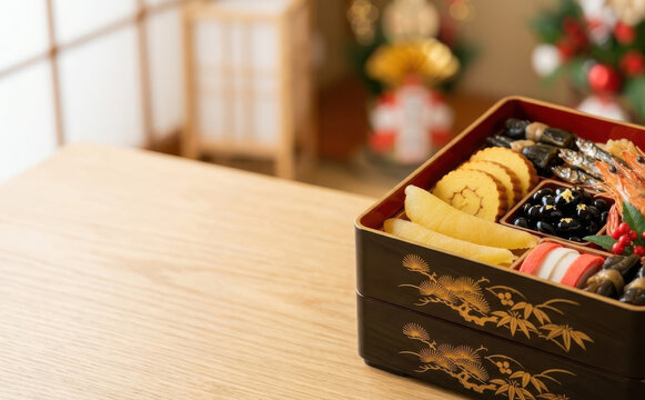 Traditional Japanese New Year osechi bako food box on a wooden table with festive decoration background