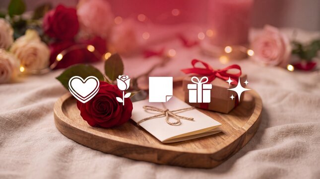 Valentine's Day Red rose flower with envelope and gift box on a wooden heart shaped serving tray with tray alongside folded