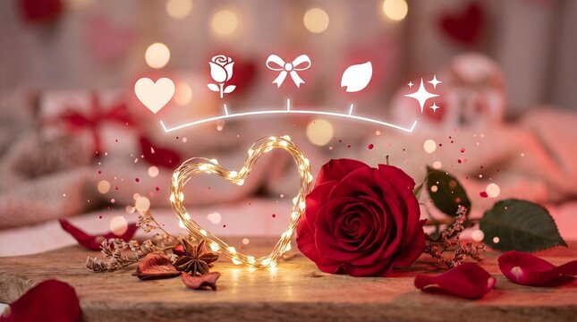 Valentine's Day Red rose and glowing heart shaped wire lights on a rustic wooden board with festive icons with arrangement wooden surface