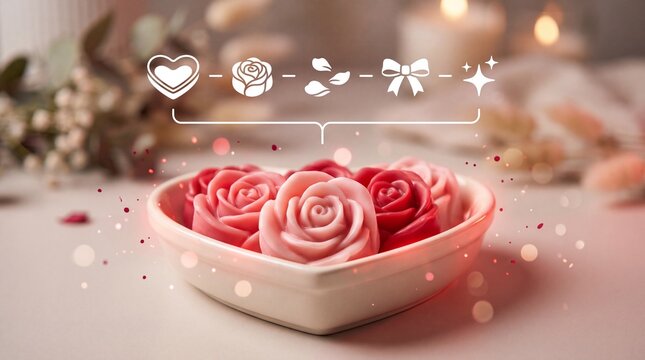 Valentine's Day Heart shaped bowl filled with rose shaped pink and red candles on a blurred table surface with bowl with bowl