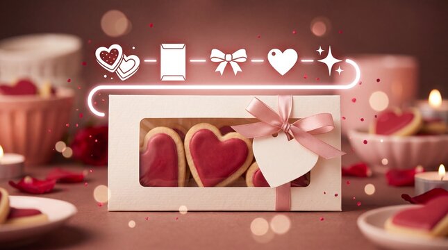 Valentine's Day Gift box filled with heart shaped cookies on a table decorated with rose petals with window contains heart