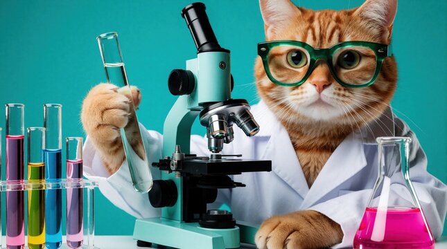 Funny ginger cat wears glasses, white lab coat in science lab. Smart feline researcher holds test tube near microscope with colorful chemical liquids. Cute pet scientist performs biology experiment