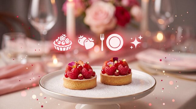 Valentine's Day Two berry fruit tarts on a white pedestal plate with glowing icons on a table with topped raspberries strawberries