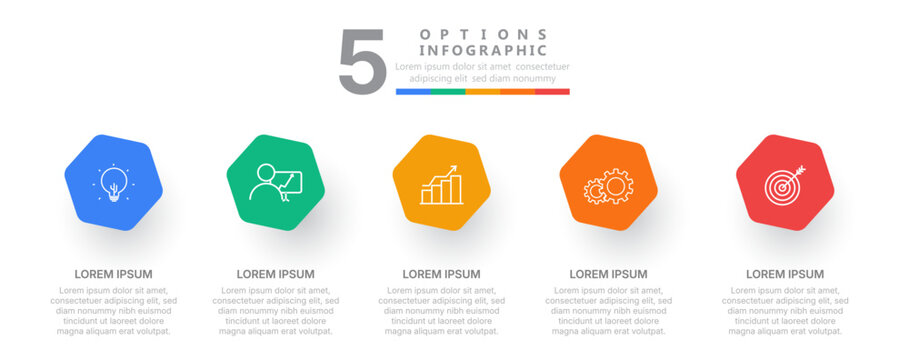 Five Colorful Hexagon Infographic Icons with Editable Business Concepts, Outline Symbols and Minimalist Corporate Presentation Layout