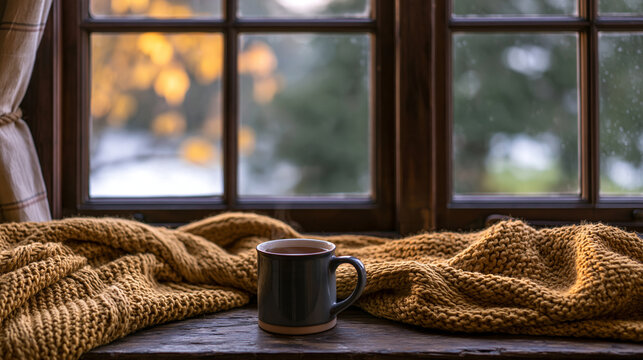 Cozy autumn scene with a steaming cup of coffee and a warm knitted blanket on a wooden windowsill. Ideal for hygge lifestyle themes and relaxing autumn moments.