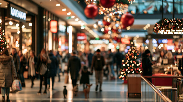 Blurred crowd of people shopping in a busy decorated mall during the christmas season. Ideal for retail trends and holiday commerce backgrounds.