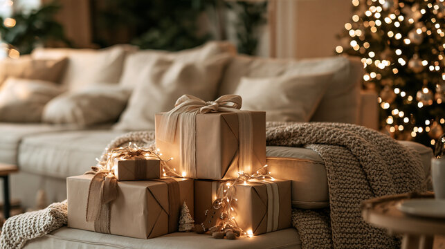 Wrapped Christmas presents with fairy lights on a cozy living room sofa. Warm winter scene for holiday greeting cards and festive home decor.