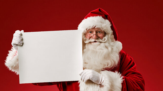 Cheerful Santa Claus holding a blank white sign with copy space against a vibrant red background. Perfect for holiday announcements and seasonal greeting cards.