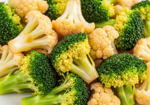 Fresh cauliflower and broccoli vegetable florets close up
