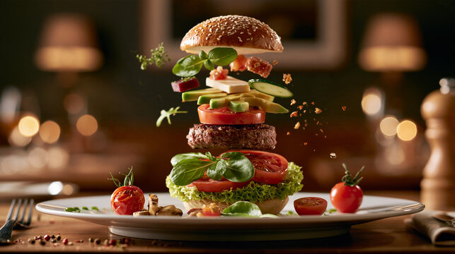 A gourmet burger with floating fresh ingredients on a white plate. Conceptual food photography for restaurant menu design and advertising.