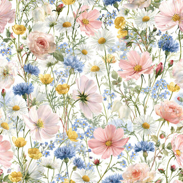 Watercolor floral pattern featuring delicate cosmos, daisies, and cornflowers on white background. Perfect for textile print, stationery, or botanical wallpaper design.