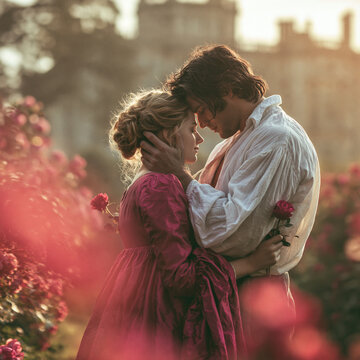 A romantic couple in historical costumes embracing tenderly in a sunlit rose garden. Timeless love and vintage romance concept.