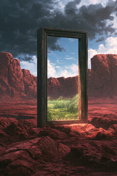 A mystical wooden portal standing in a desolate red rock landscape under a dramatic stormy sky. Conceptual surreal image for fantasy and adventure themes.
