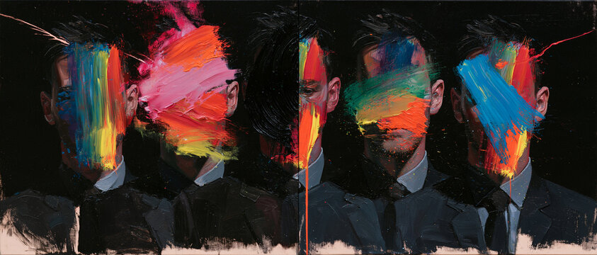 A surreal painting of multiple faces obscured by thick, expressive oil paint strokes of vibrant colors. A bold metaphor for mental health and identity.