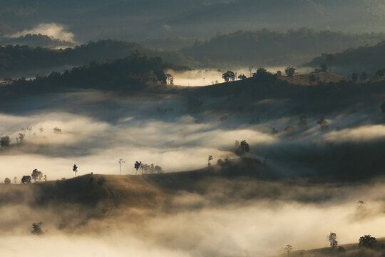 The landscape of Doi Hua Mot in Umphang District, Tak Province, is characterized by a series of undulating, low-lying hills and morning mist that blankets the valley.