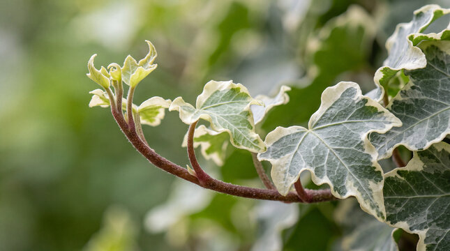 Macro photograph of variegated English ivy growing tip with wavy ruffled leaves and tender vine