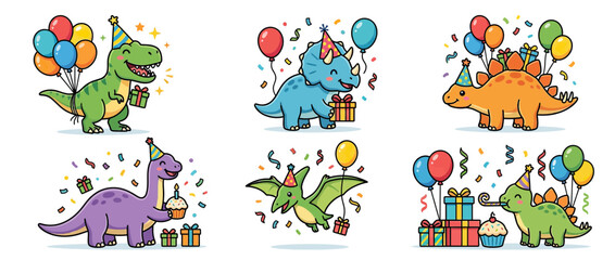 Cute Cartoon Dinosaurs Celebrating Birthday Party © Tuku