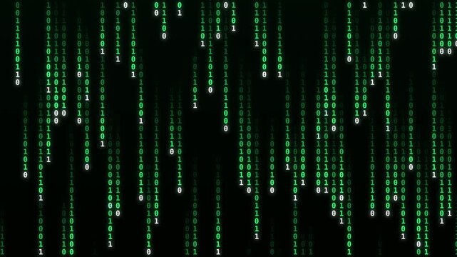 Green binary code rain with falling zeros and ones on black background, digital data stream, hacker and cyber security concept, seamless loop 4K