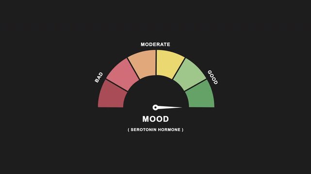 Semicircle mood indicator with a needle moving bad to good, red to green, labeled mood and serotonin. Shows emotional balance. For mental health.
