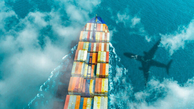Aerial view of the freight shipping transport system cargo ship container. international transportation Export-import business, logistics, transportation industry concepts	
