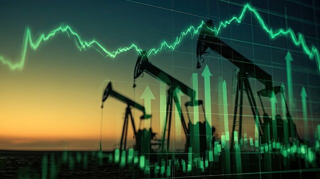 Oil pumps silhouette against sunset overlaid with rising green stock market charts