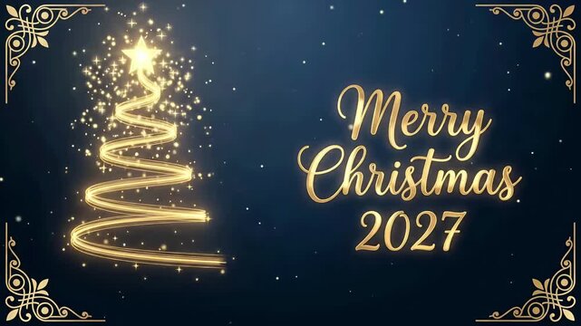 Merry christmas tree 2027 gold animation background with glowing sparkle motion graphic loop
